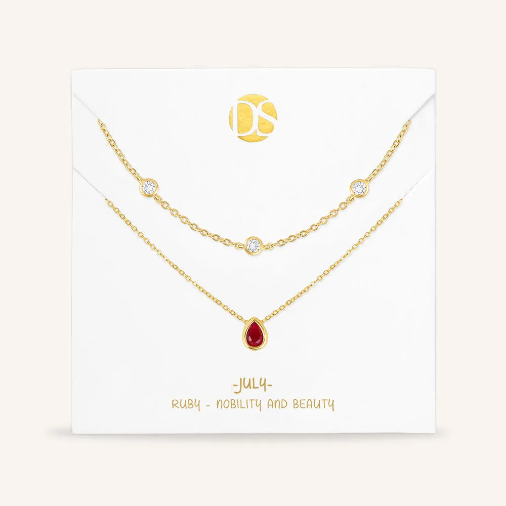 "Keepsakes" Set of Two Pear Cut Birthstone & Station Layering Necklaces