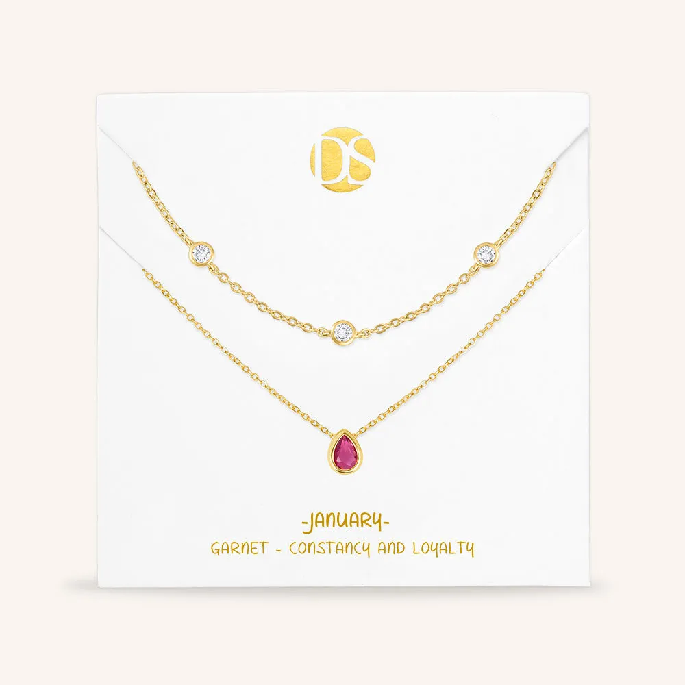 "Keepsakes" Set of Two Pear Cut Birthstone & Station Layering Necklaces