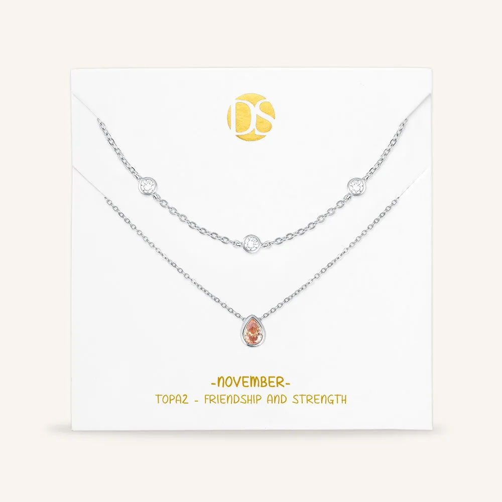 "Keepsakes" Set of Two Pear Cut Birthstone & Station Layering Necklaces