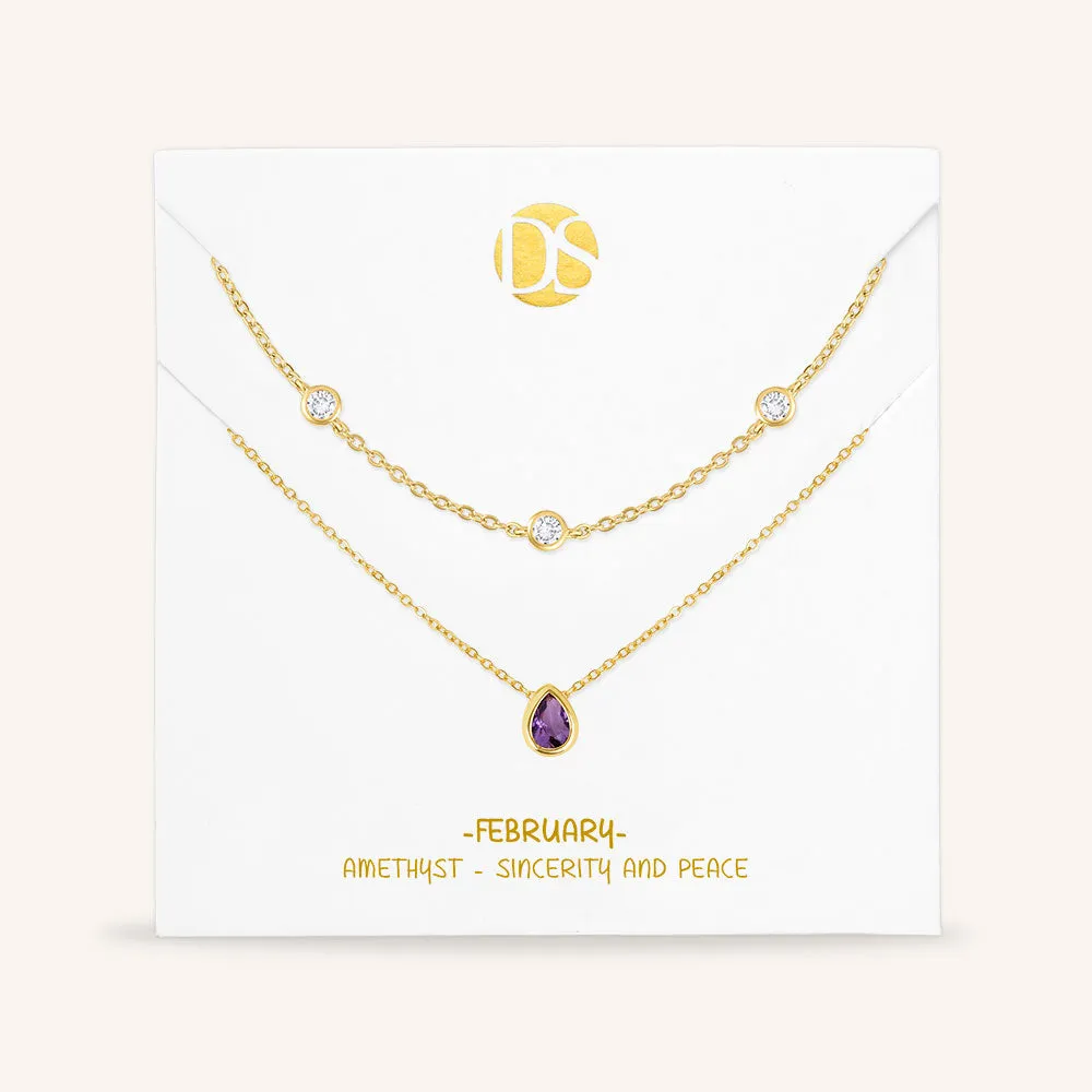 "Keepsakes" Set of Two Pear Cut Birthstone & Station Layering Necklaces