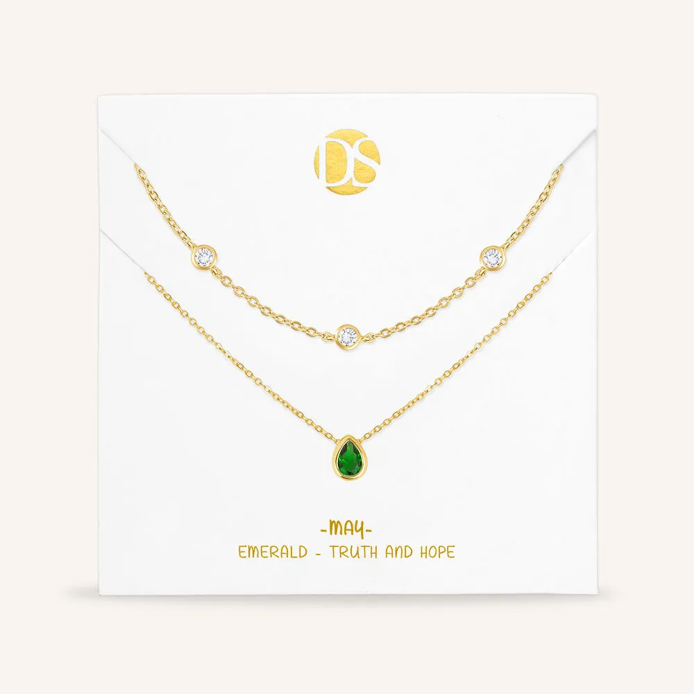 "Keepsakes" Set of Two Pear Cut Birthstone & Station Layering Necklaces