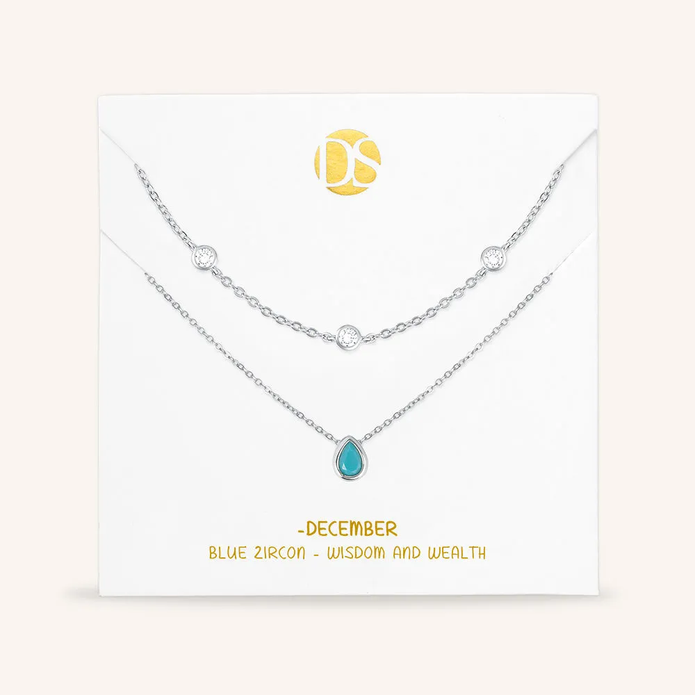 "Keepsakes" Set of Two Pear Cut Birthstone & Station Layering Necklaces