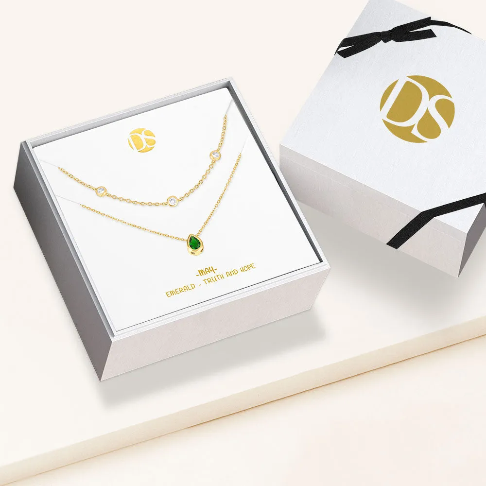 "Keepsakes" Set of Two Pear Cut Birthstone & Station Layering Necklaces