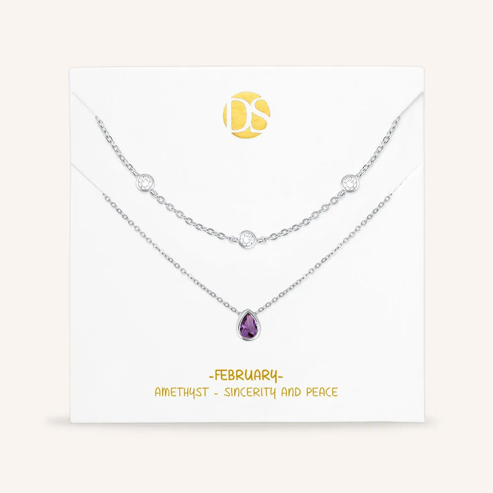 "Keepsakes" Set of Two Pear Cut Birthstone & Station Layering Necklaces