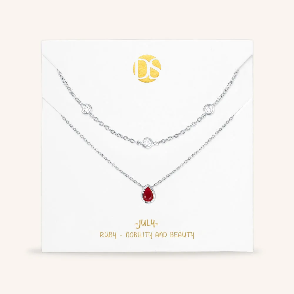 "Keepsakes" Set of Two Pear Cut Birthstone & Station Layering Necklaces