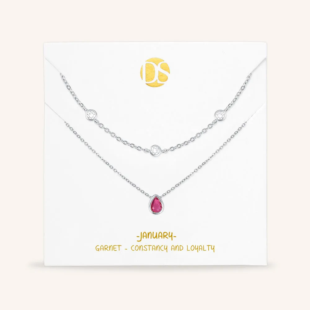 "Keepsakes" Set of Two Pear Cut Birthstone & Station Layering Necklaces