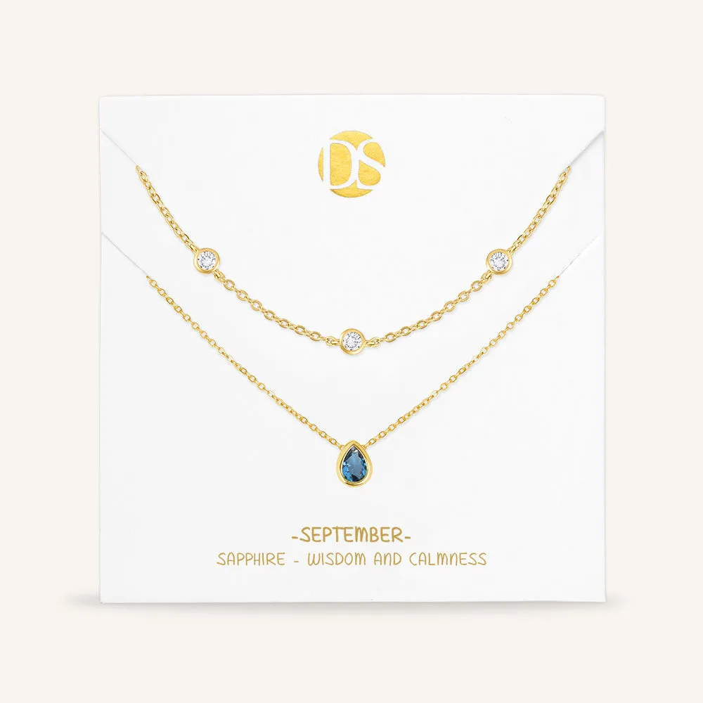 "Keepsakes" Set of Two Pear Cut Birthstone & Station Layering Necklaces
