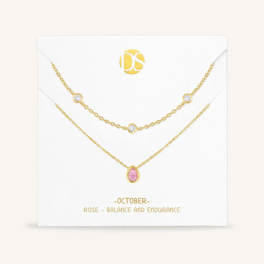 "Keepsakes" Set of Two Pear Cut Birthstone & Station Layering Necklaces