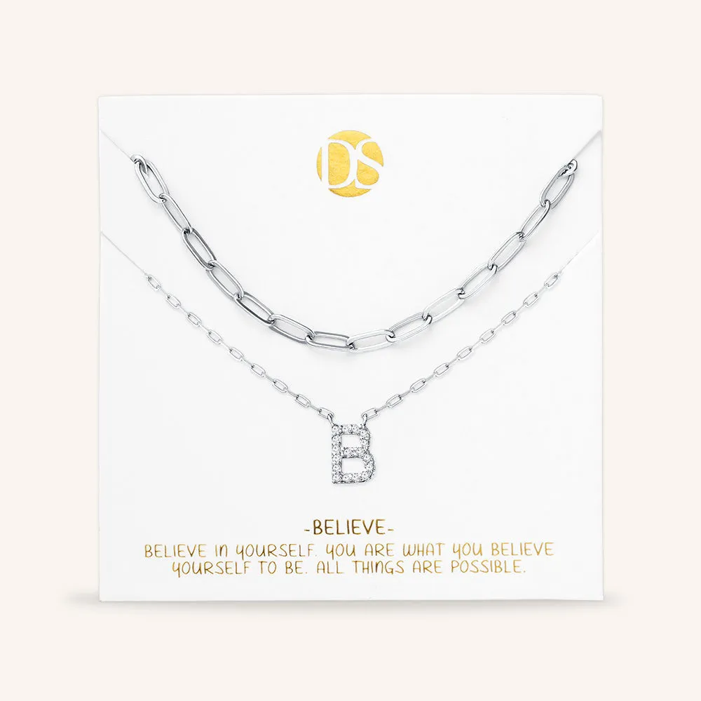 "My Own Sparkle" Set of Two Pave Initial & Clip Chain Layering Necklaces