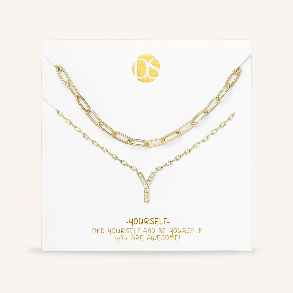 "My Own Sparkle" Set of Two Pave Initial & Clip Chain Layering Necklaces