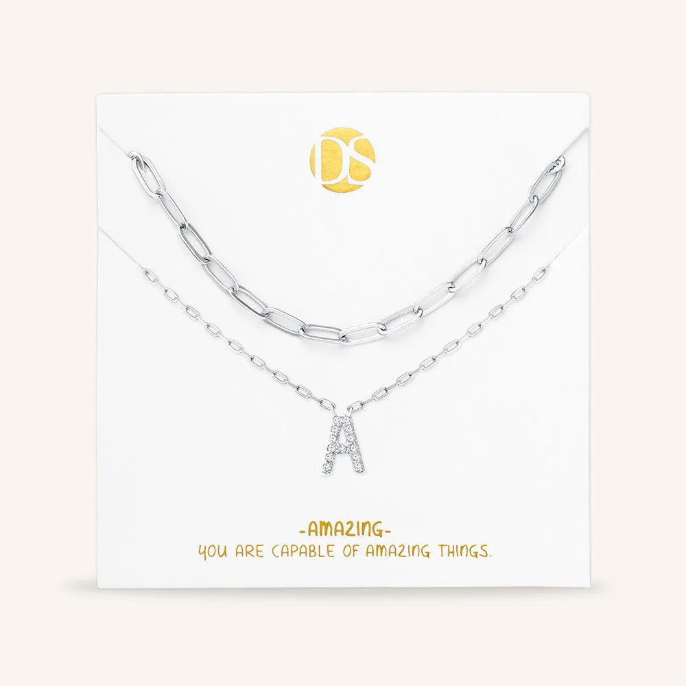 "My Own Sparkle" Set of Two Pave Initial & Clip Chain Layering Necklaces