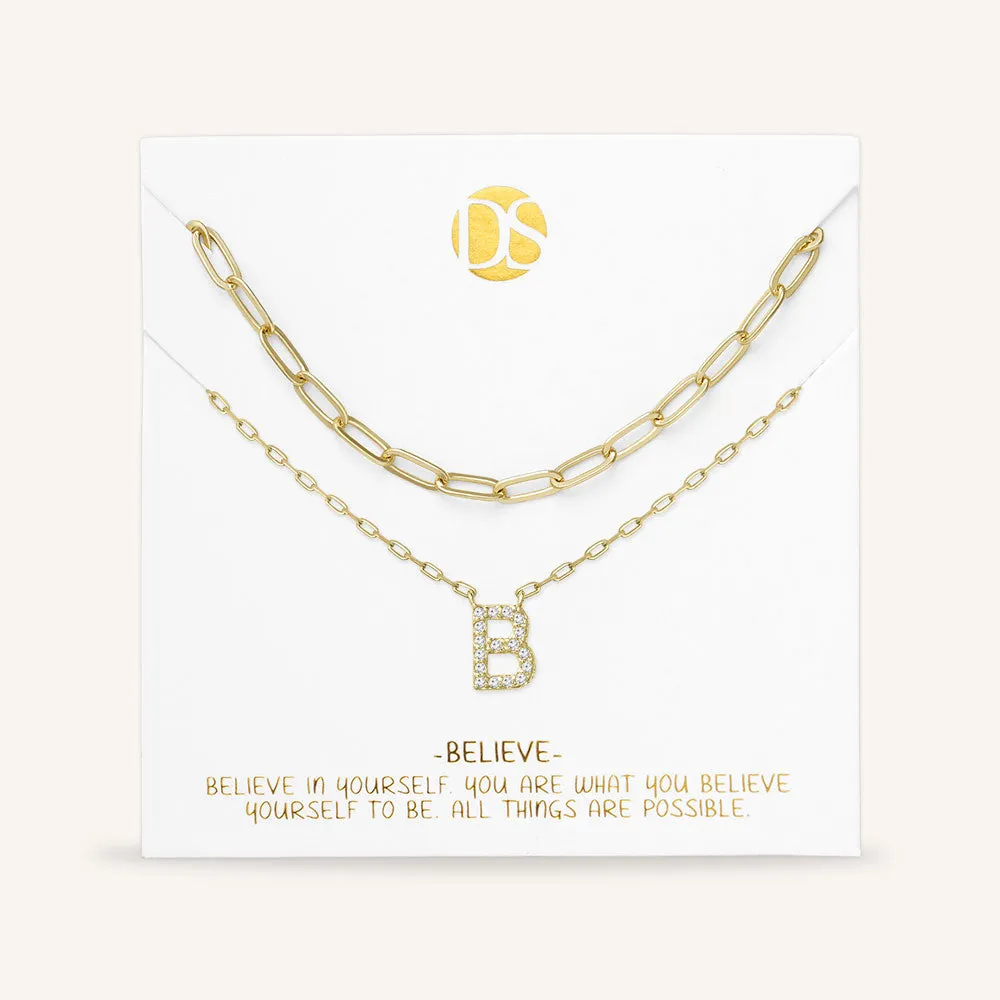 "My Own Sparkle" Set of Two Pave Initial & Clip Chain Layering Necklaces