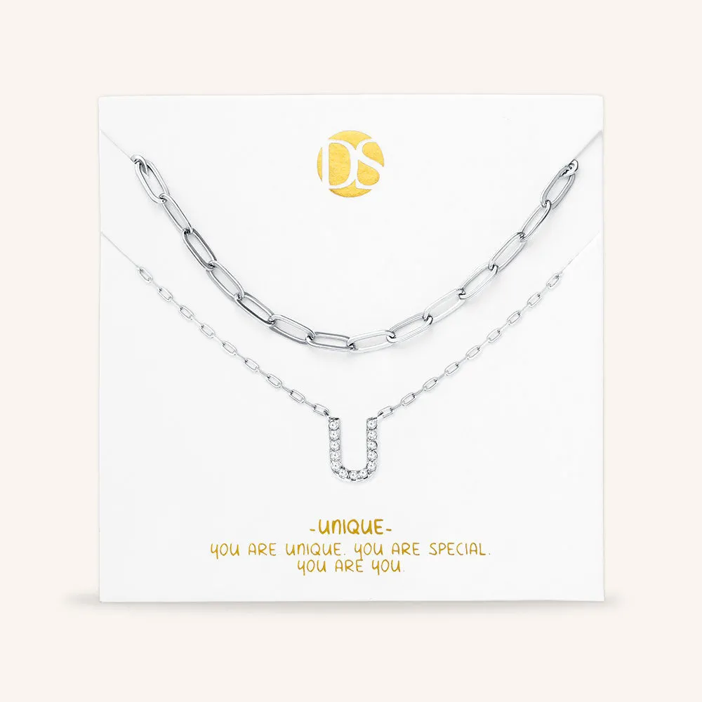 "My Own Sparkle" Set of Two Pave Initial & Clip Chain Layering Necklaces