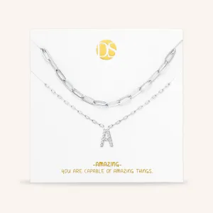 "My Own Sparkle" Set of Two Pave Initial & Clip Chain Layering Necklaces
