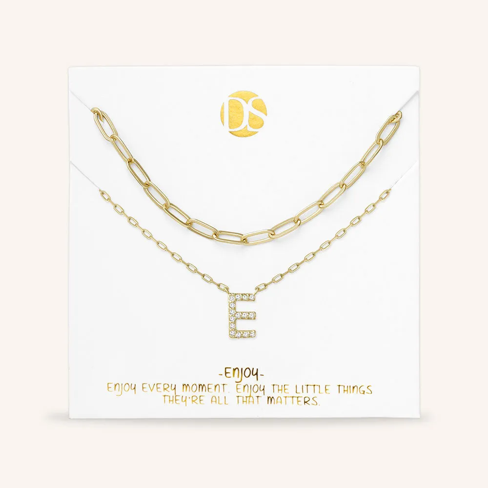 "My Own Sparkle" Set of Two Pave Initial & Clip Chain Layering Necklaces