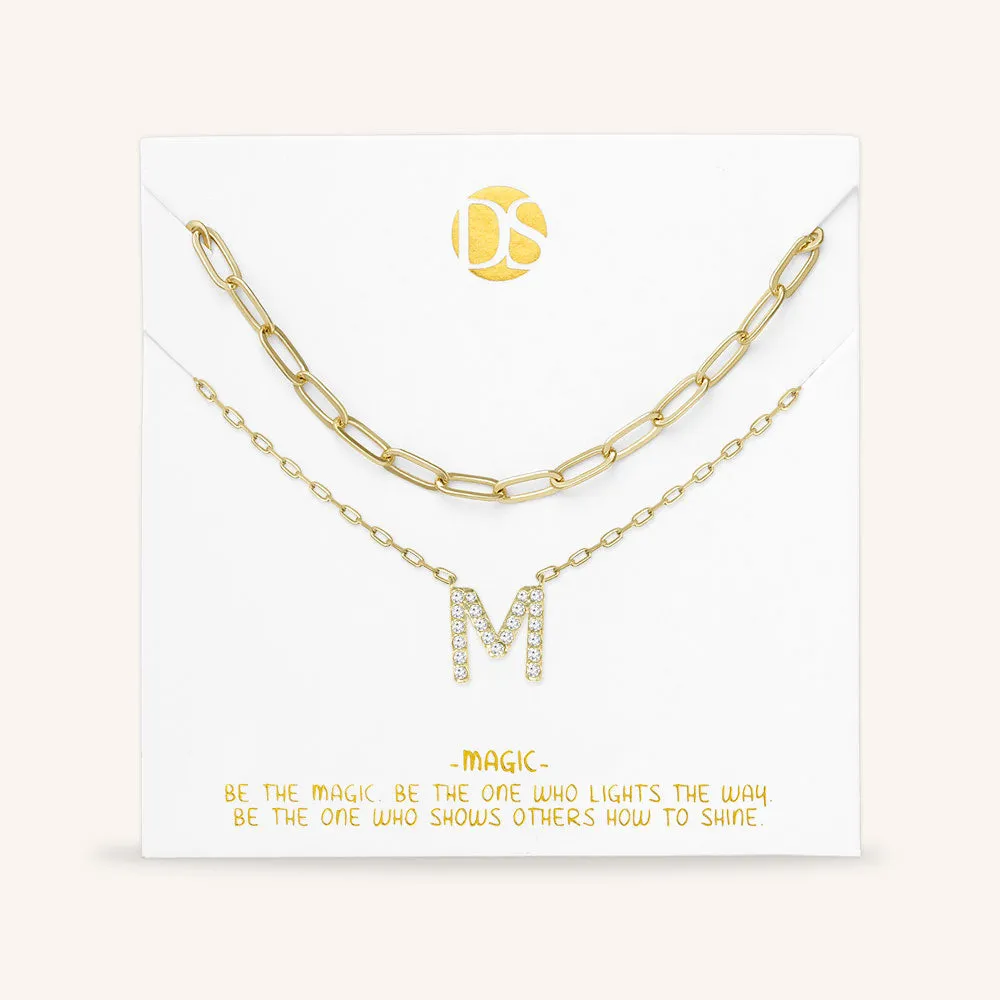 "My Own Sparkle" Set of Two Pave Initial & Clip Chain Layering Necklaces