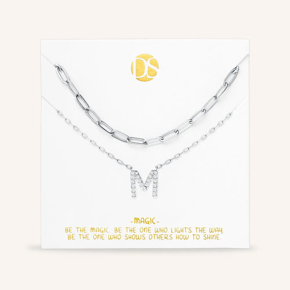 "My Own Sparkle" Set of Two Pave Initial & Clip Chain Layering Necklaces