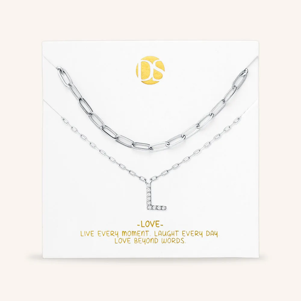 "My Own Sparkle" Set of Two Pave Initial & Clip Chain Layering Necklaces