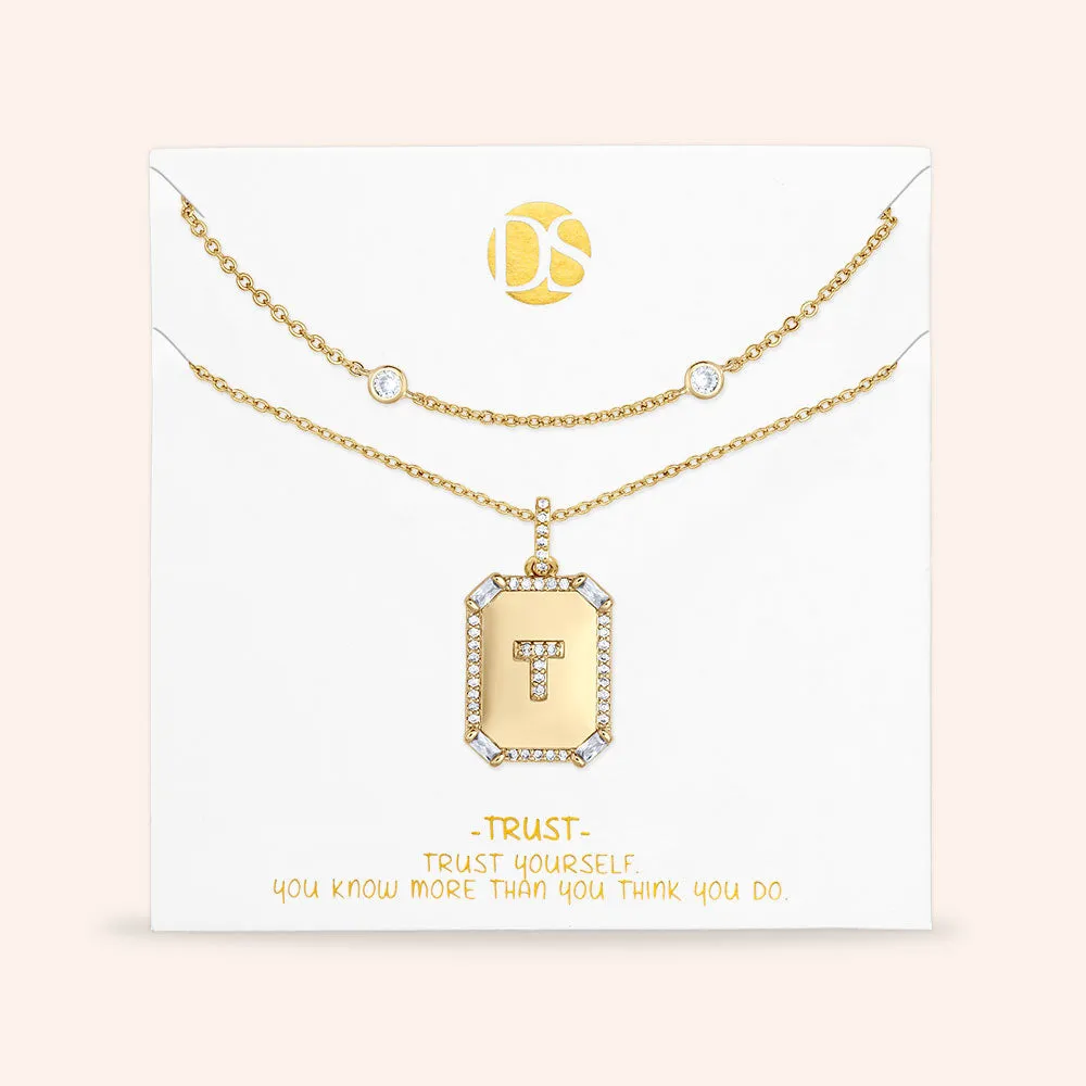 "Twin Token" Set of Two Baguette Initial Plate & Station Layering Necklaces
