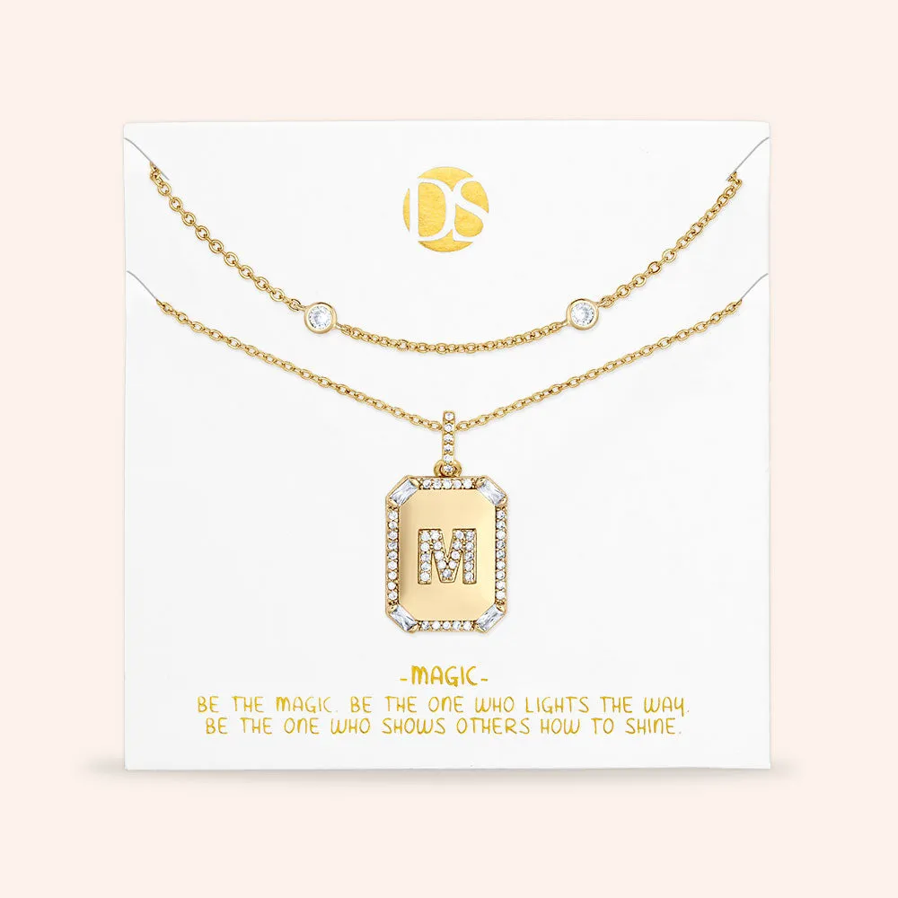 "Twin Token" Set of Two Baguette Initial Plate & Station Layering Necklaces