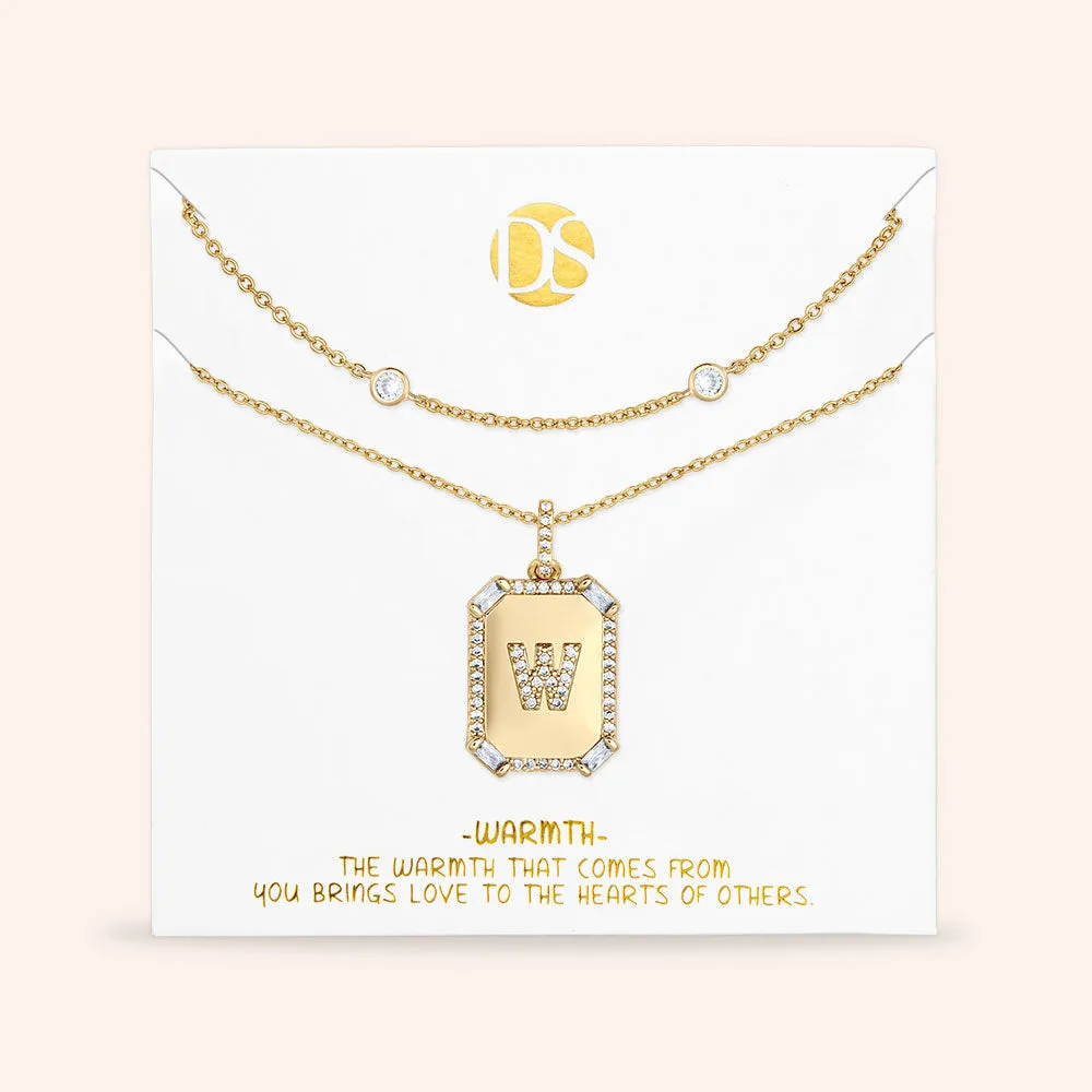 "Twin Token" Set of Two Baguette Initial Plate & Station Layering Necklaces