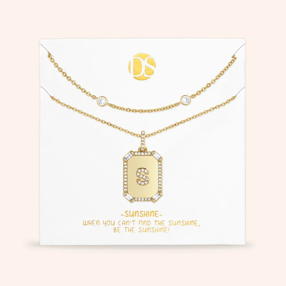 "Twin Token" Set of Two Baguette Initial Plate & Station Layering Necklaces