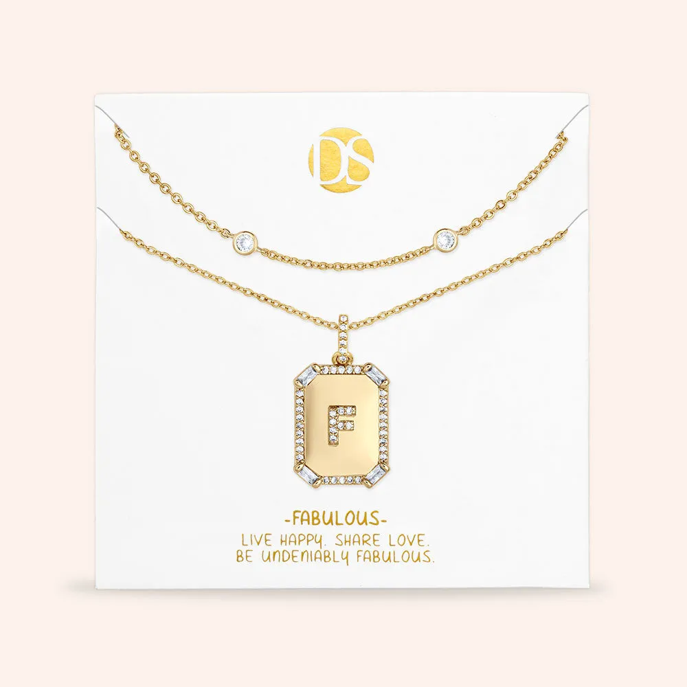"Twin Token" Set of Two Baguette Initial Plate & Station Layering Necklaces