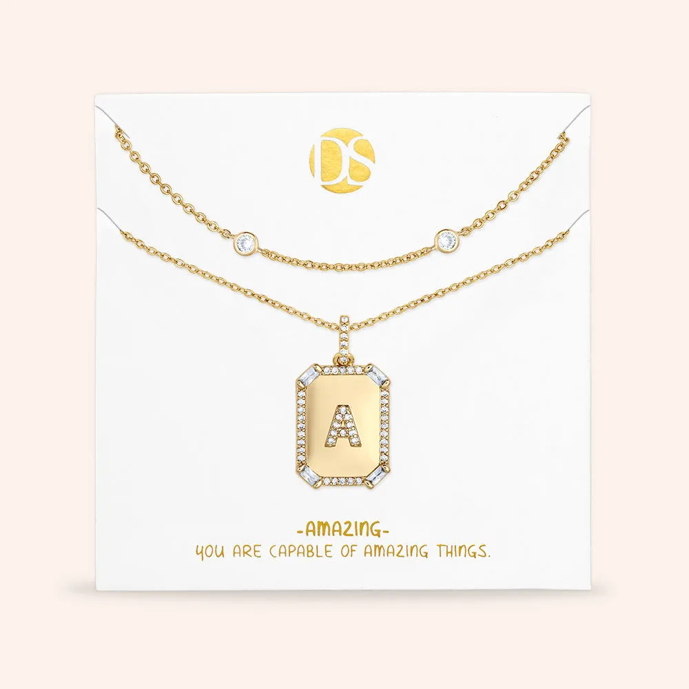 "Twin Token" Set of Two Baguette Initial Plate & Station Layering Necklaces
