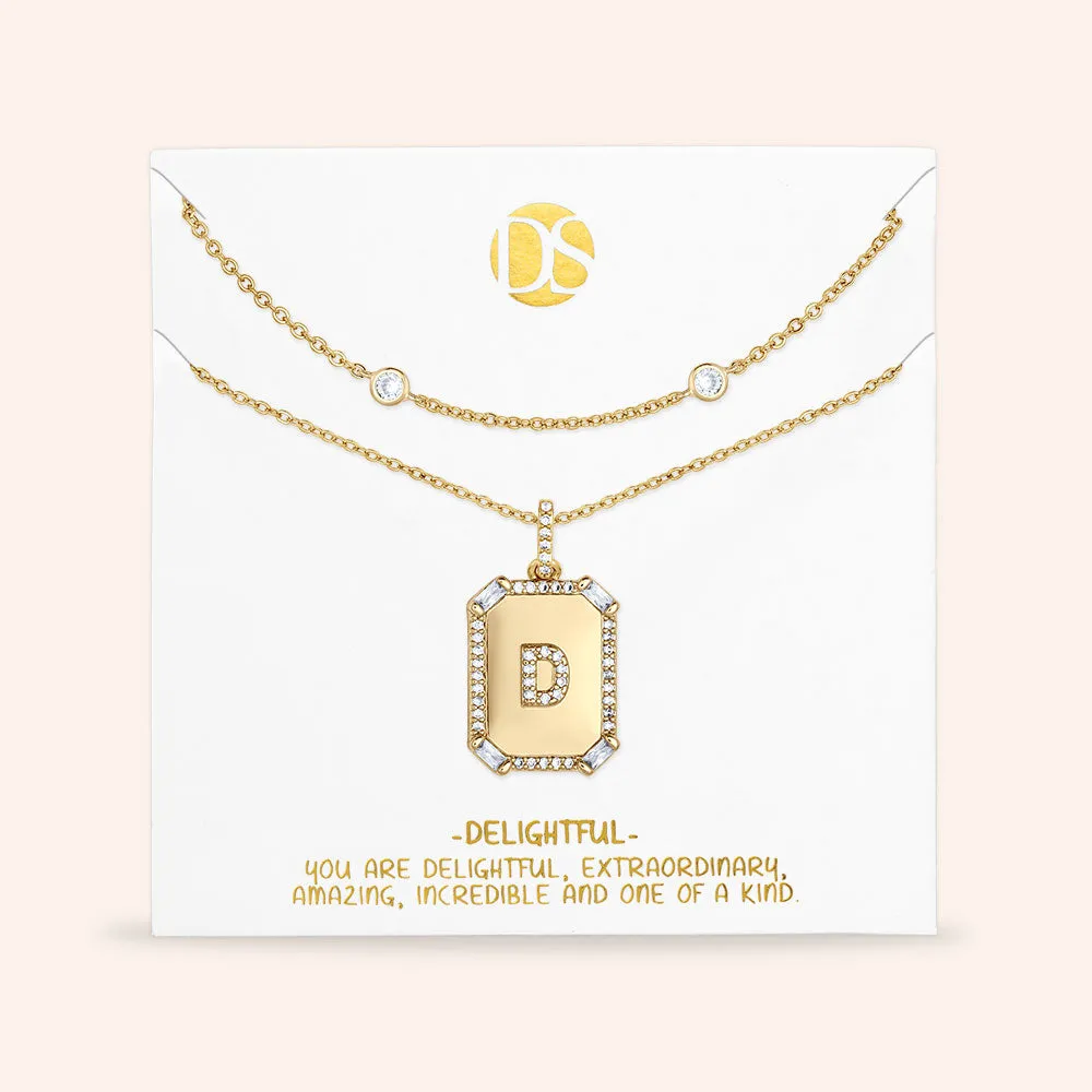 "Twin Token" Set of Two Baguette Initial Plate & Station Layering Necklaces