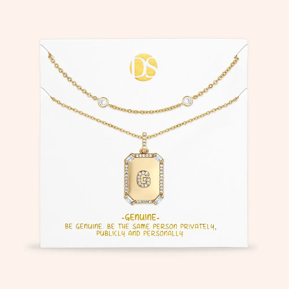 "Twin Token" Set of Two Baguette Initial Plate & Station Layering Necklaces