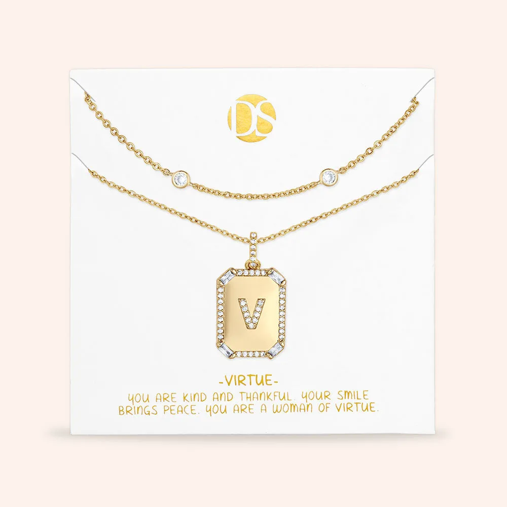 "Twin Token" Set of Two Baguette Initial Plate & Station Layering Necklaces