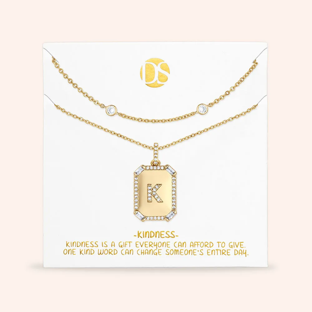 "Twin Token" Set of Two Baguette Initial Plate & Station Layering Necklaces