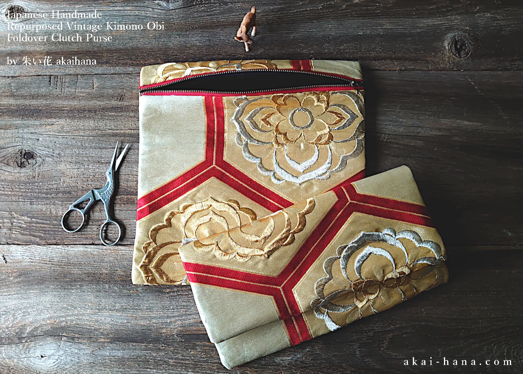 Repurposed Vintage Kimono Obi Foldover Clutch, Japanese Handmade, zc25f0002