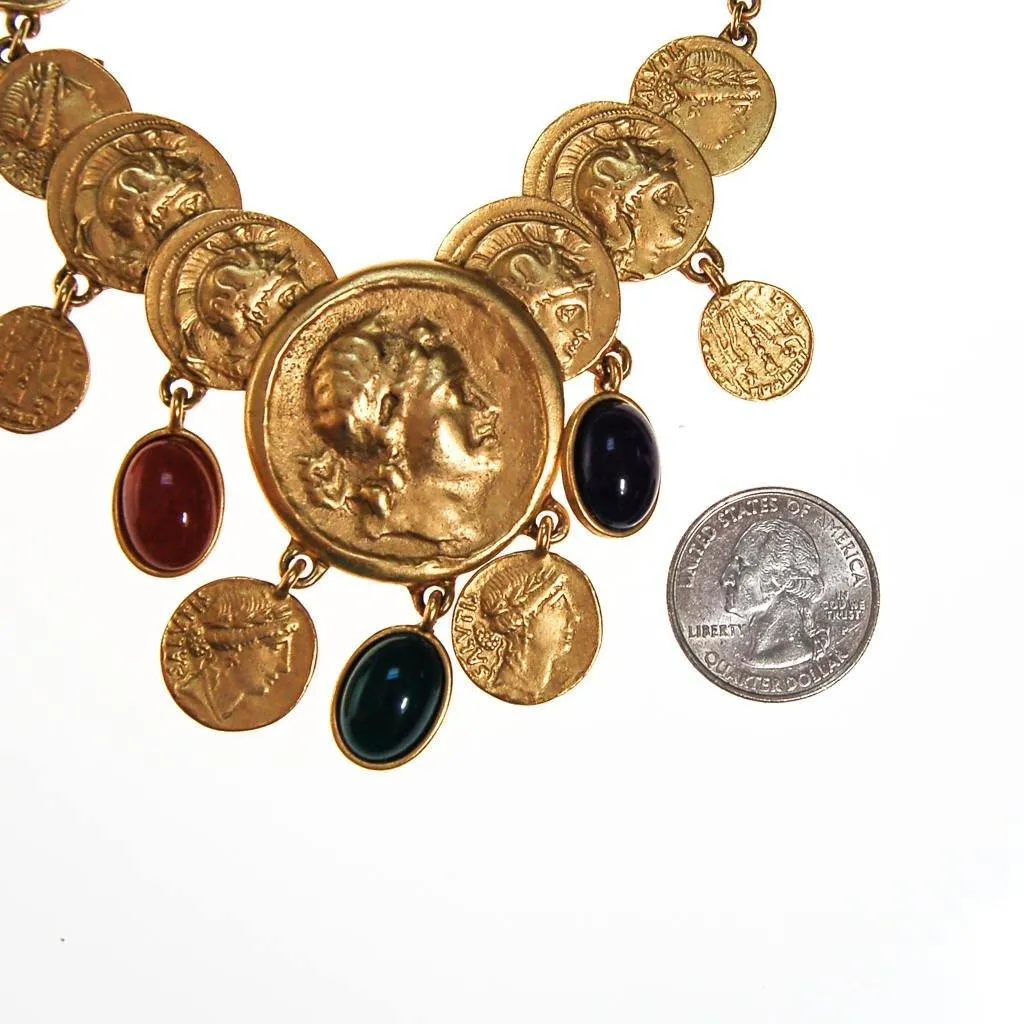 Roman Coin Statement Necklace, Red, Green, Blue Cabochon Accents