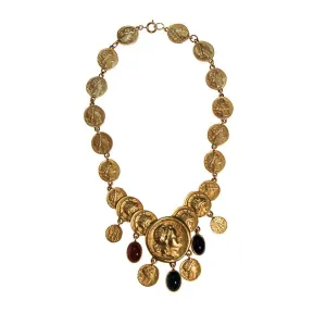 Roman Coin Statement Necklace, Red, Green, Blue Cabochon Accents