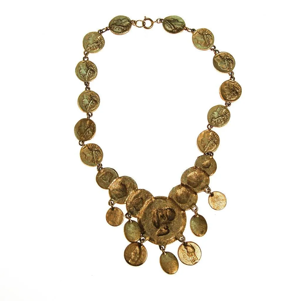 Roman Coin Statement Necklace, Red, Green, Blue Cabochon Accents