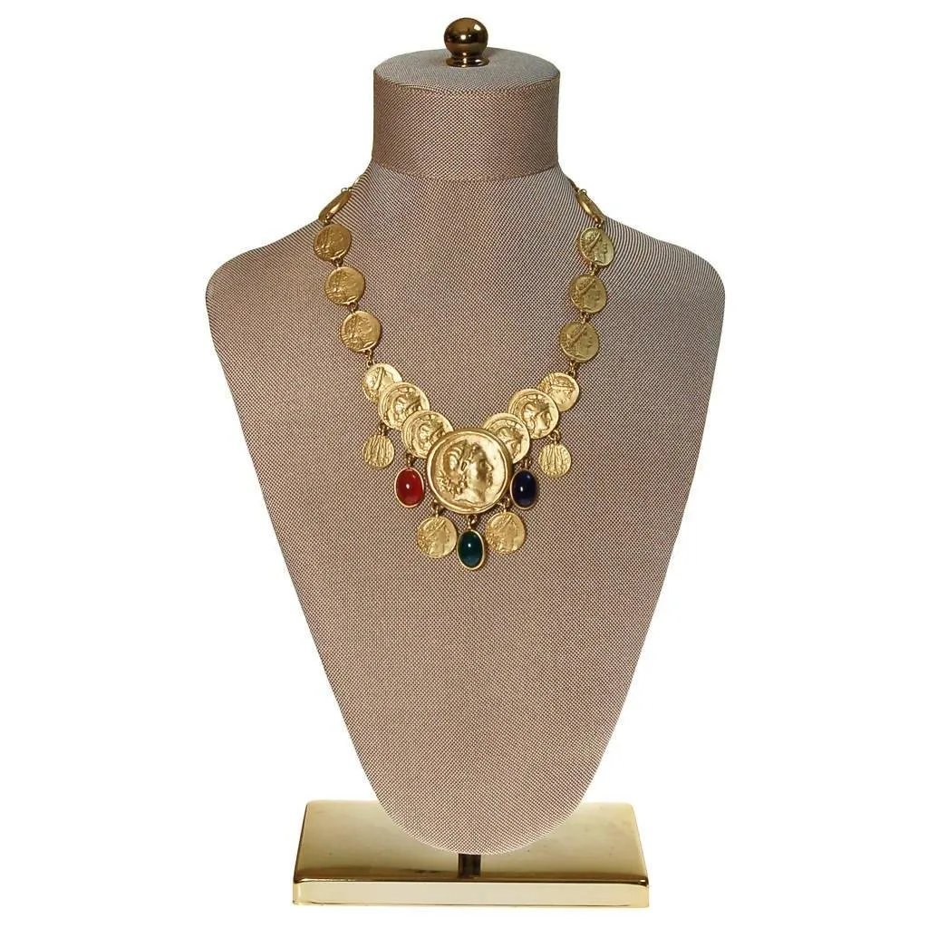 Roman Coin Statement Necklace, Red, Green, Blue Cabochon Accents
