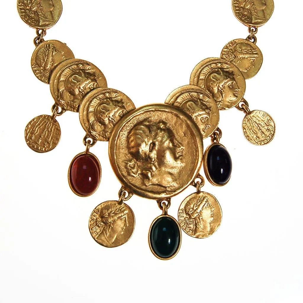 Roman Coin Statement Necklace, Red, Green, Blue Cabochon Accents
