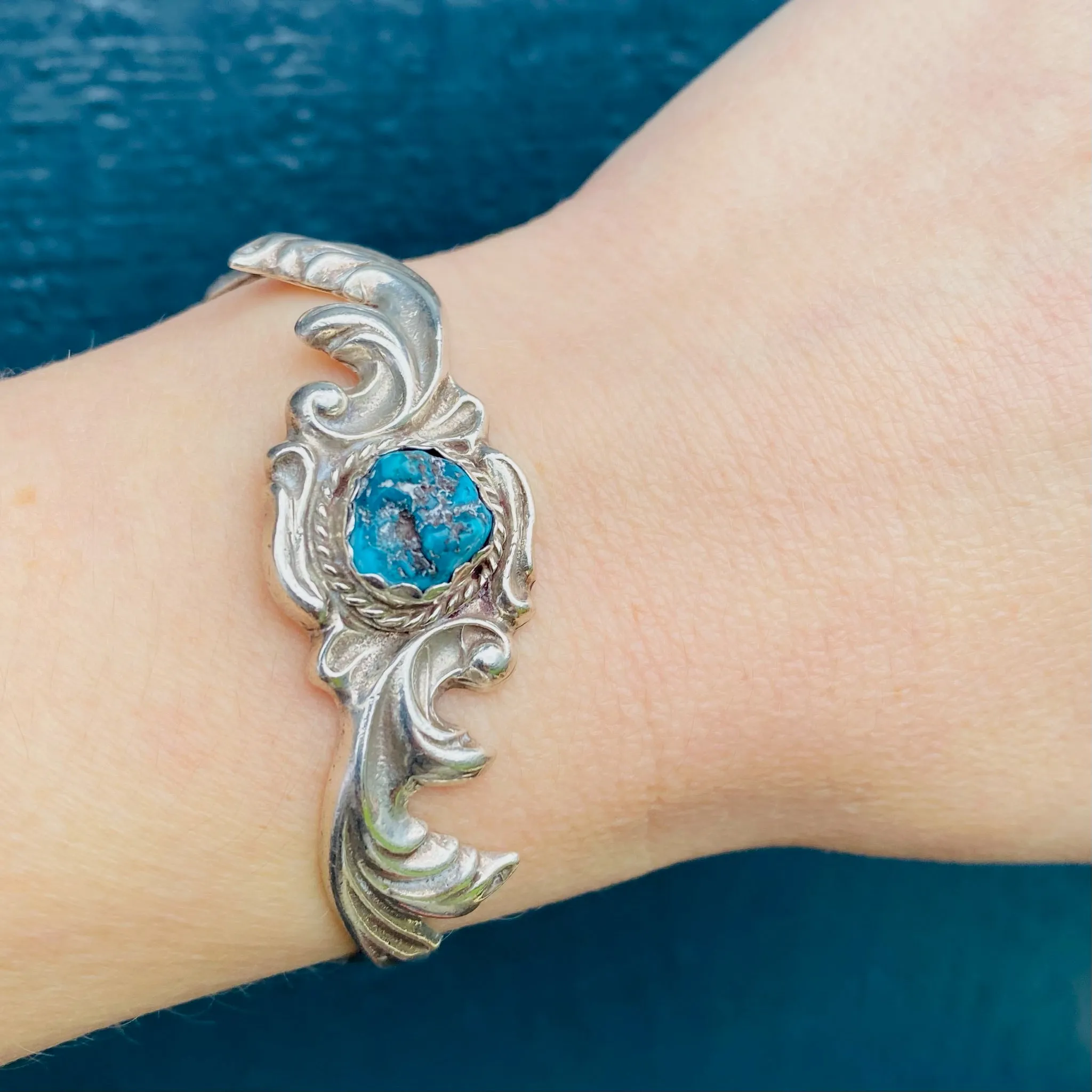 Romantic Sand Cast Silver & Turquoise Navajo Cuff