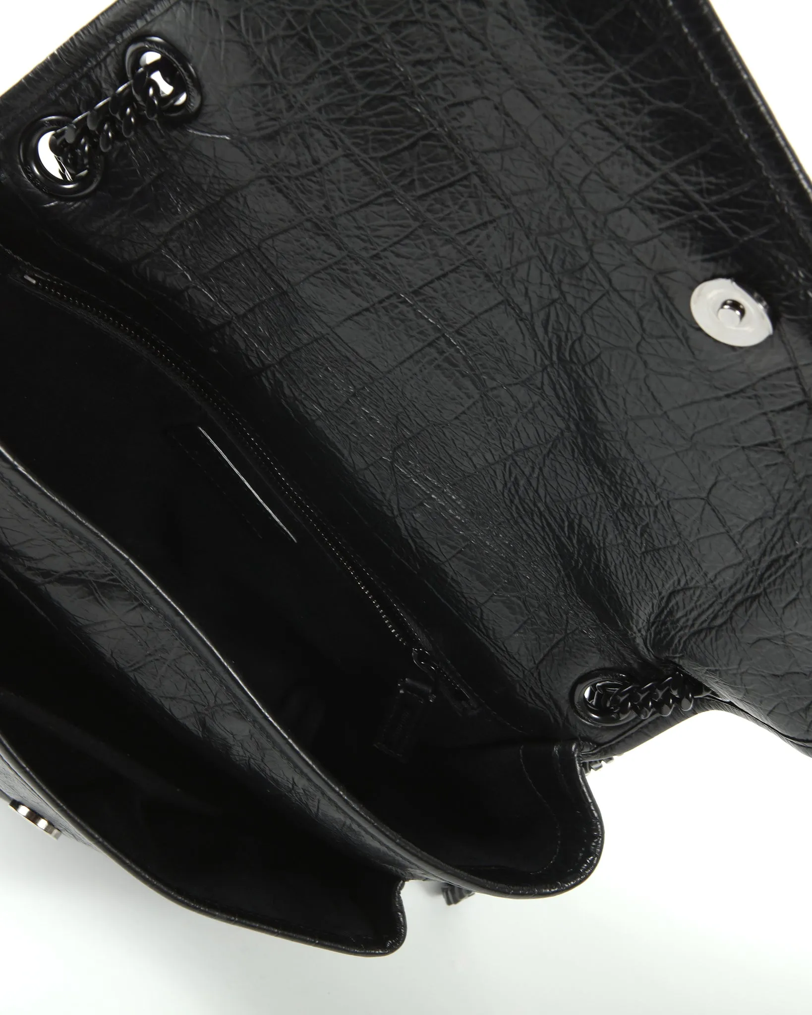 Saint Laurent All Black Croc Nubuck Embossed Leather Niki Medium Chain Bag