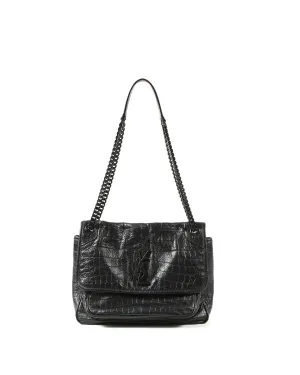 Saint Laurent All Black Croc Nubuck Embossed Leather Niki Medium Chain Bag