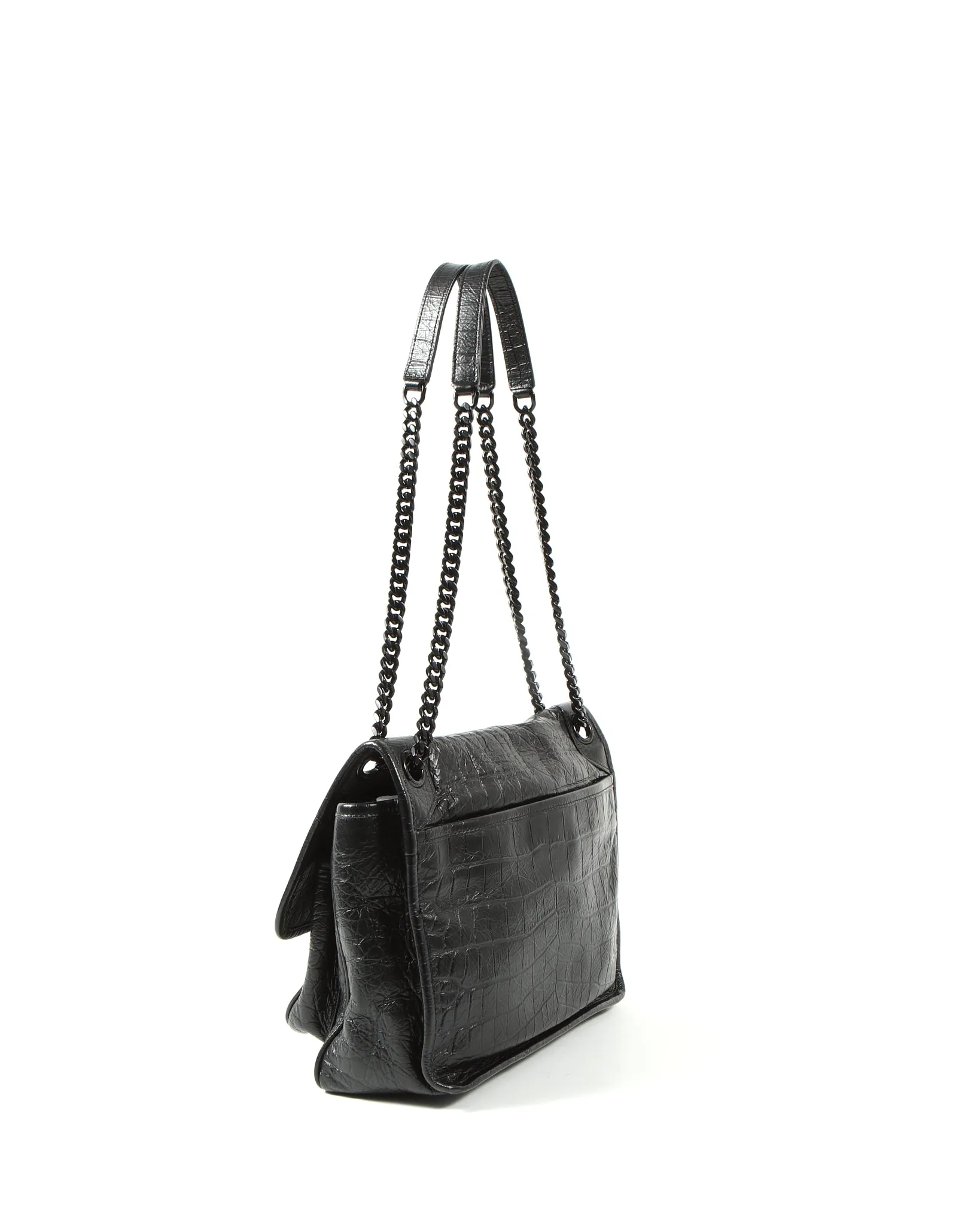 Saint Laurent All Black Croc Nubuck Embossed Leather Niki Medium Chain Bag