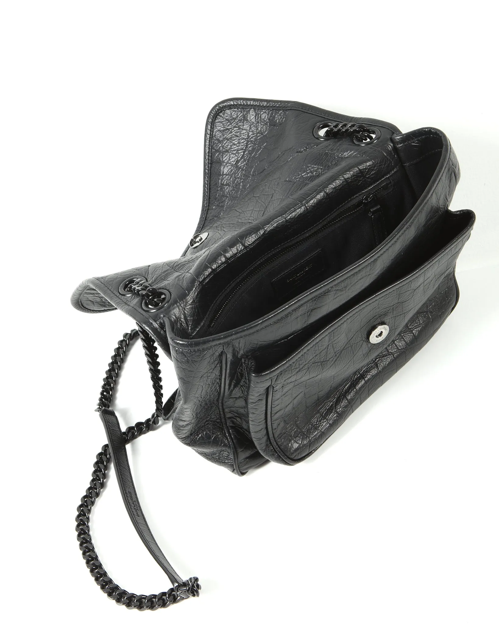 Saint Laurent All Black Croc Nubuck Embossed Leather Niki Medium Chain Bag