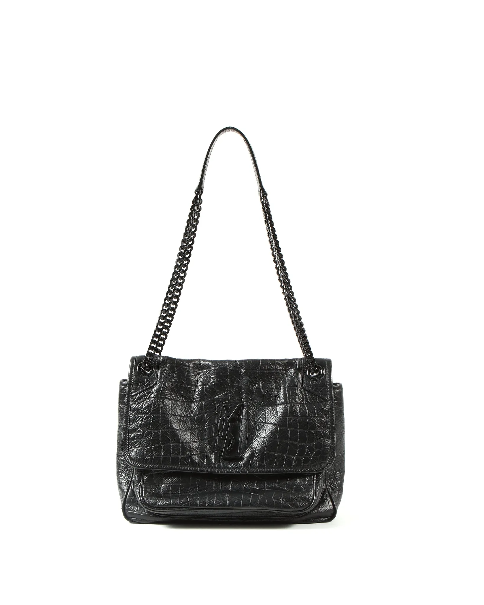 Saint Laurent All Black Croc Nubuck Embossed Leather Niki Medium Chain Bag