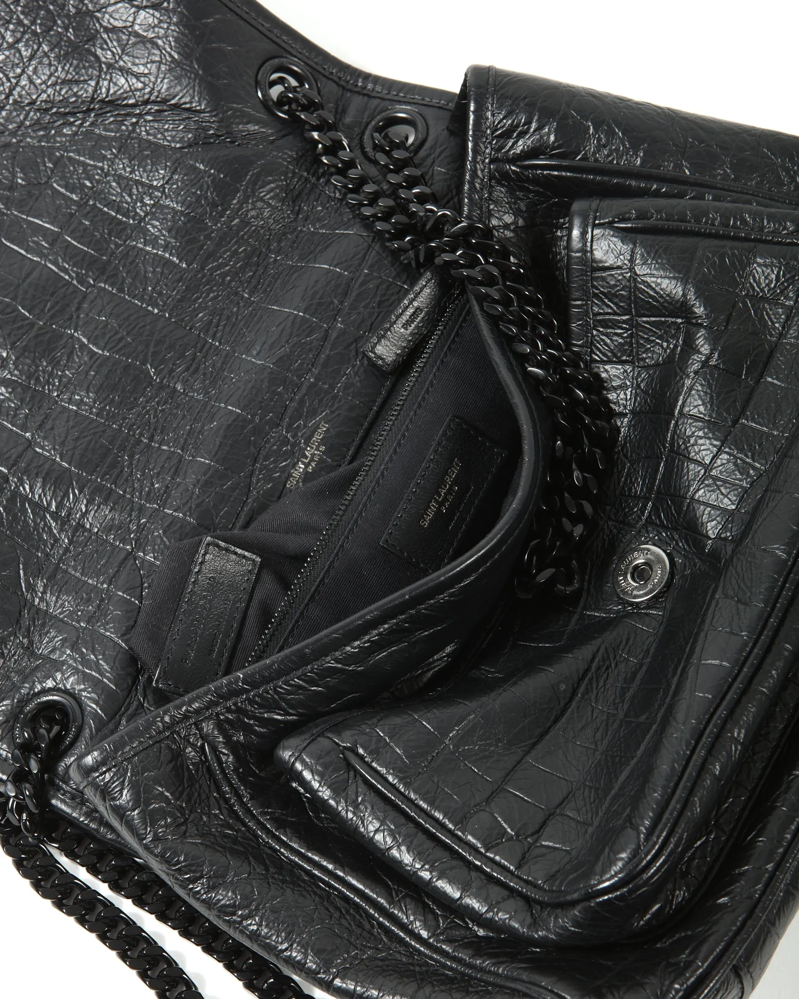 Saint Laurent All Black Croc Nubuck Embossed Leather Niki Medium Chain Bag