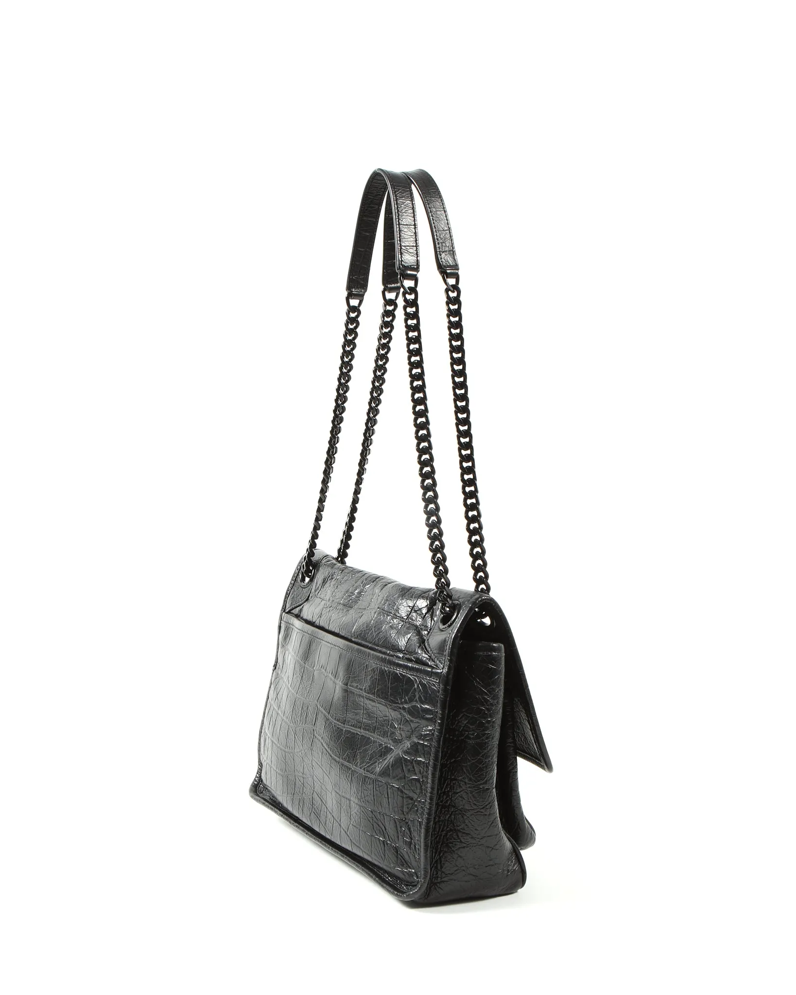 Saint Laurent All Black Croc Nubuck Embossed Leather Niki Medium Chain Bag