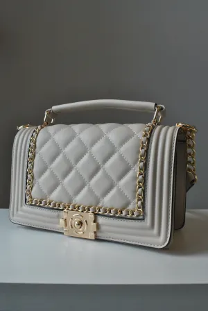 SAND COLOR GUILTED CROSSBODY BAG WITH GOLD CHAIN DEATILS