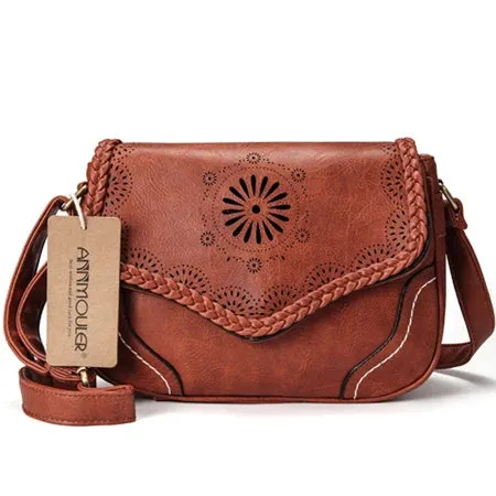Shoulder Bag Vintage PU Leather Crossbody Bag Hollow Out Satchel Bag Brown Retro Handbag