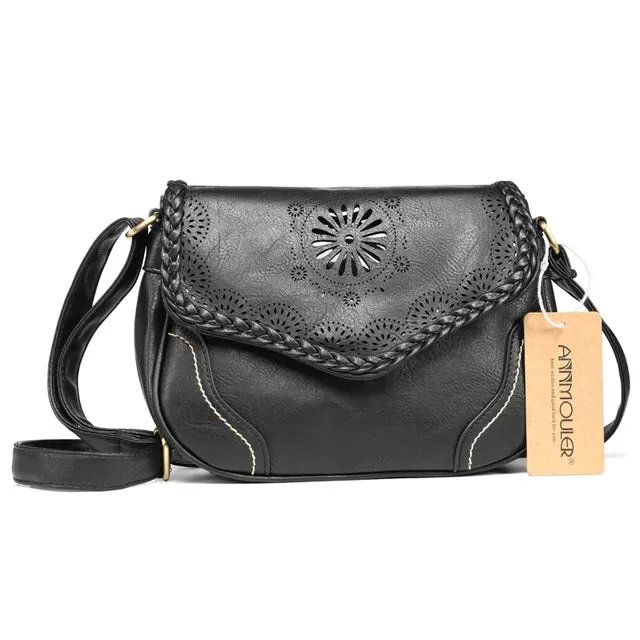 Shoulder Bag Vintage PU Leather Crossbody Bag Hollow Out Satchel Bag Brown Retro Handbag