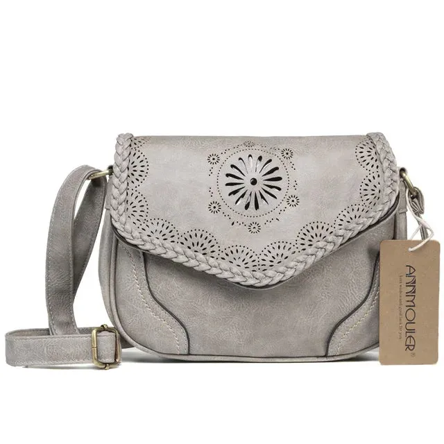 Shoulder Bag Vintage PU Leather Crossbody Bag Hollow Out Satchel Bag Brown Retro Handbag